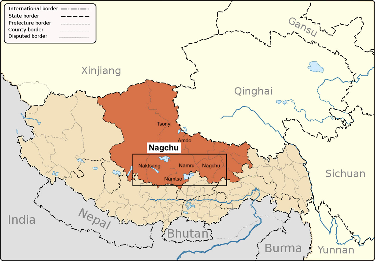 Map showing Tibet and neigbouring countries, with location of Nagchu