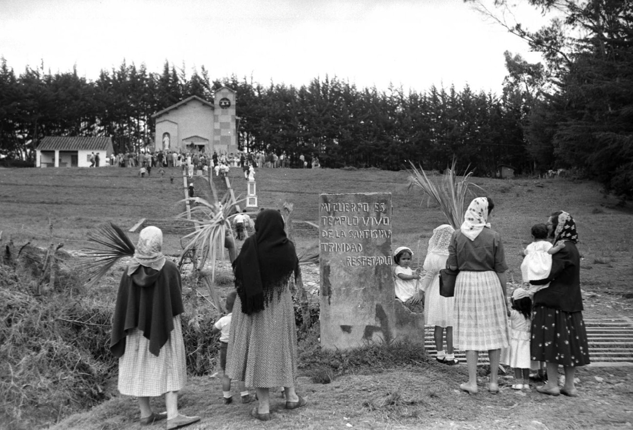 A group of women picture from behind outside a church holding fronds of palms in their hands.