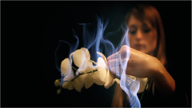 Photograph of  woman, an orchid and smoke-like vapour