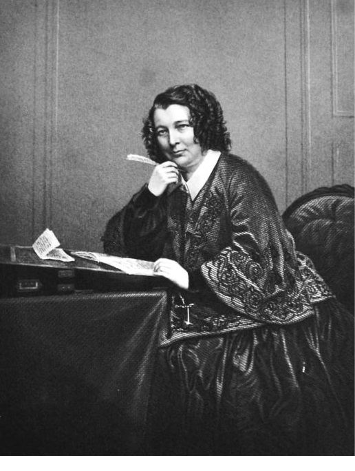an engraving of a woman writing